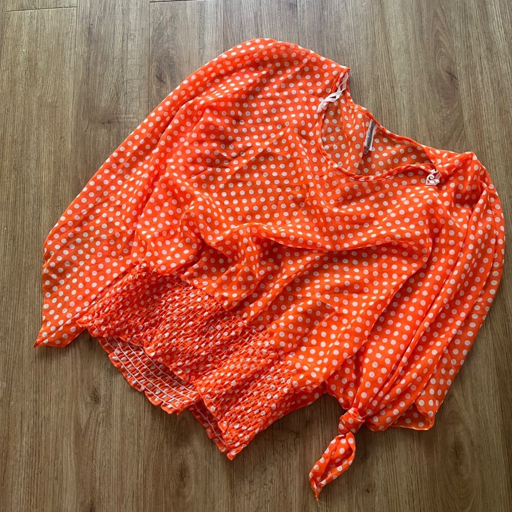 Yummy Plus Long Sleeve Wrist Tie Blouse Polka Dot Orange Women’s Sz 3x